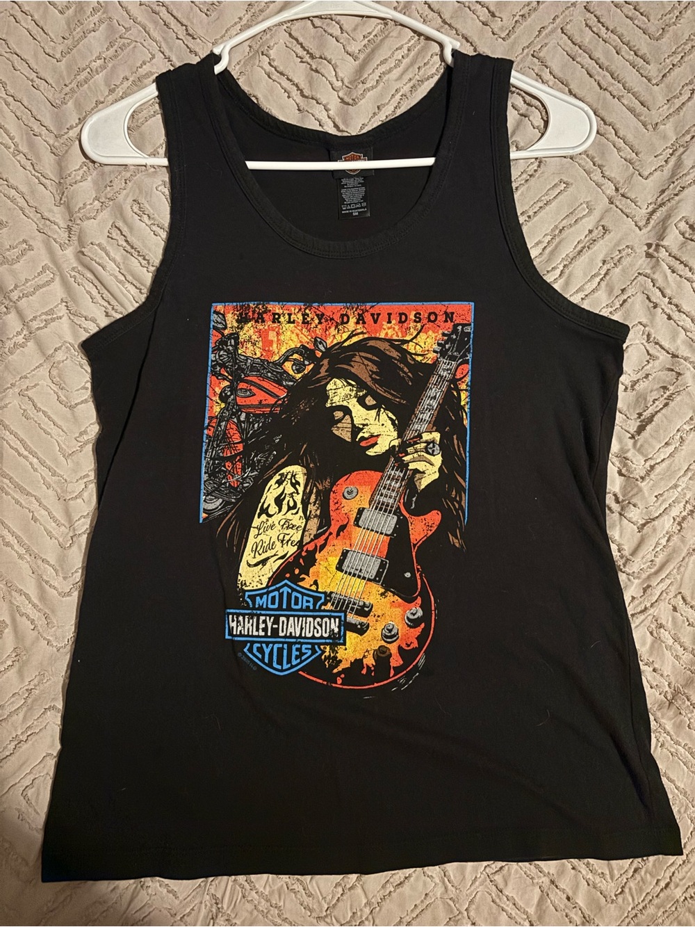Harley-Davidson Black Tank Top with Orange & Blue Guitar Graphic